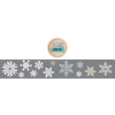 A decorative garland banner featuring multiple snowflake cutouts in white, light blue, and gold, shown against a dark gray strip with a small circular product label above it.