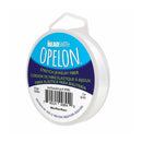 A spool of BeadSmith Opelon stretch jewelry fiber in white, shown on a clean white background. The spool features a prominent blue and purple label with product details and a white plastic loop at the top.