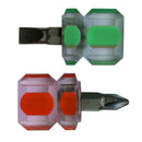 Two metal tools with green and red hexagonal heads on a white background