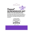 The Gypsy Quilter Compact Screwdriver Set packaging card, featuring a purple color swatch at the bottom and product details including a barcode and descriptions of the sewing machine screwdrivers.