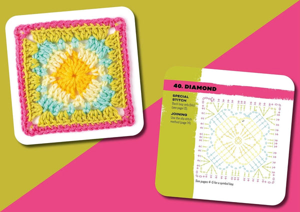 Crocheted square with colorful pattern and a pattern book on a pink and green background
