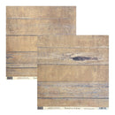 Two square sheets of rustic wood-look scrapbook paper with a weathered tan and brown plank pattern, shown overlapping on a white background. The bottom sheet has a dark wood knot detail and the title 'Hooked on Fishing' printed along the bottom edge.