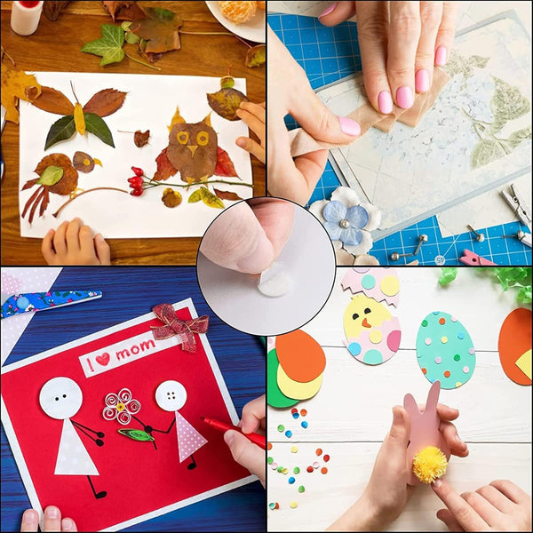 A 4-panel collage showing hands creating handmade leaf and paper crafts, including an owl, birds, flowers, and Easter eggs, with a central circular close-up of a white glue stick.