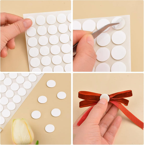 A four-panel collage showing white round adhesive dots/stickers being applied with tweezers and used to make a bow with a red ribbon, on a beige background.