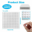 White adhesive pad sheets with circular sticky dots, showing product dimensions, quantity of 1000 pieces per sheet, close-up of dot size, and a hand holding a single pad for scale.