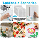A collage showing multiple real-world use cases for double-sided foam adhesive pads: mouse pad fixation, poster mounting, candle marking, balloon decoration, DIY card crafting, and a pack of 1000 round adhesive pads. The image includes labeled panels, close-up callouts, and a blue header reading 'Applicable Scenarios'.