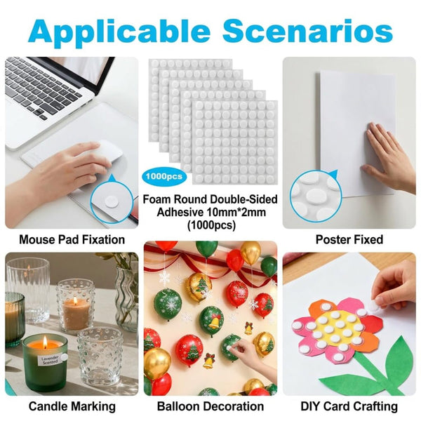 A collage showing multiple real-world use cases for double-sided foam adhesive pads: mouse pad fixation, poster mounting, candle marking, balloon decoration, DIY card crafting, and a pack of 1000 round adhesive pads. The image includes labeled panels, close-up callouts, and a blue header reading 'Applicable Scenarios'.