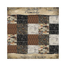 A square product card for Tim Holtz Idea-ology Palette Collection: Halloween double-sided paper. The card shows a grid of patterned paper samples in autumn and spooky designs, including brown and black animal prints, black-and-white haunted house motifs, and sepia newspaper-style patterns.