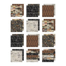 A 12-pack of scrapbooking paper sheets arranged in a grid on a white background. The designs feature vintage patterns including damask, leopard print, and newspaper clippings in black, brown, beige, and gray.