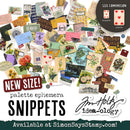 Promotional collage for 'palette ephemera SNIPPETS' showing many small vintage-style paper card designs scattered across the frame, with text reading 'NEW SIZE!', 'palette ephemera SNIPPETS', 'Jim Holtz idea-ology', and 'Available at SimonSaysStamp.com!'.