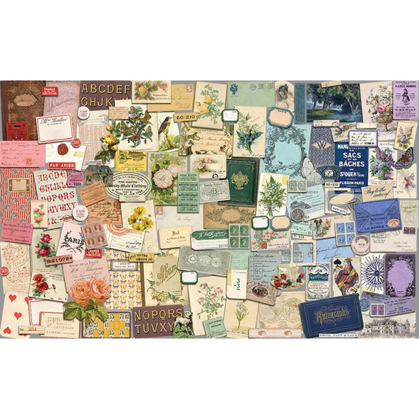 Collage of vintage-style cards and paper pieces on a white background