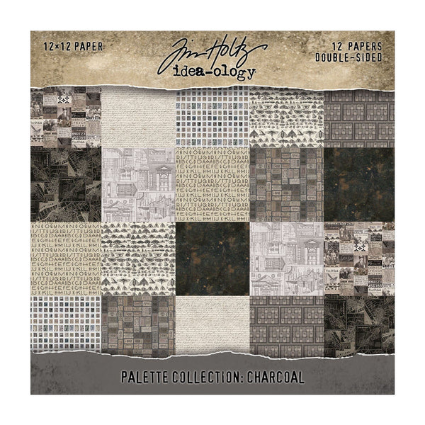 Collection of 12x12 patterned papers with a charcoal theme, featuring Tim Holtz Idea-ology branding.