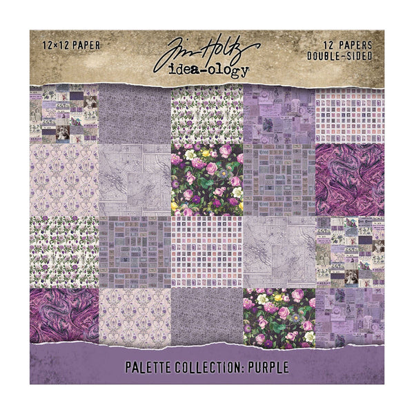 Packaging of Tim Holtz Idea-ology paper pad with purple and floral patterns.