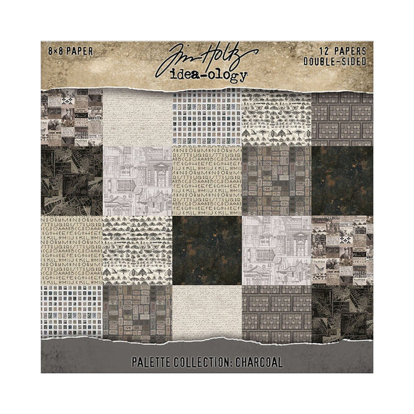 A square product card for Tim Holtz Idea-ology Paper Collection 'Palette Collection: Charcoal', showing 12 double-sided patterned papers arranged in a patchwork grid. The designs include grids, script, textures, and cityscape motifs in charcoal, beige, gray, and black tones.