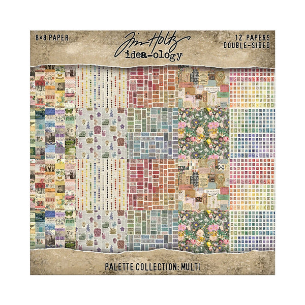 A sheet of scrapbook paper packs labeled 'Palette Collection: Multi' by Jim Holtz Idea-ology, showing a grid of many patterned paper designs in assorted colors and textures on a tan paper-style background.
