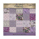 A square product card for Tim Holtz Idea-Ology Purple Palette Collection double-sided 8x8 paper, showing a grid of 12 different purple-toned patterned paper designs including florals, paisley, grids, and textures.
