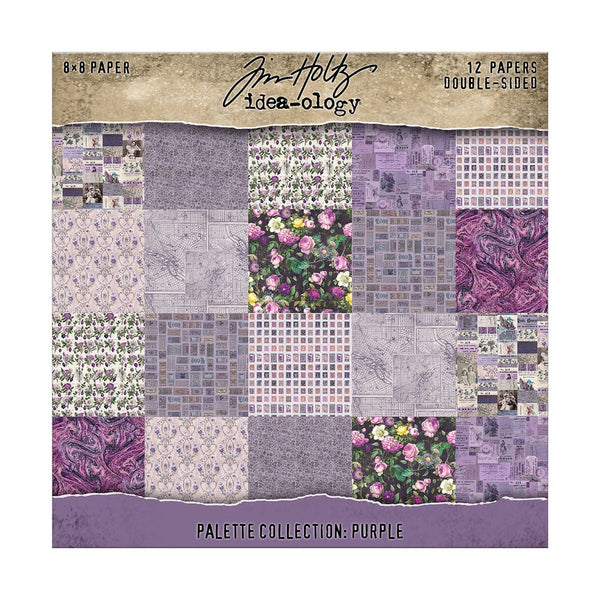 A square product card for Tim Holtz Idea-Ology Purple Palette Collection double-sided 8x8 paper, showing a grid of 12 different purple-toned patterned paper designs including florals, paisley, grids, and textures.