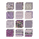Collection of purple and floral patterned paper sheets on a white background