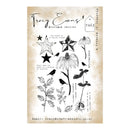 A clear stamp sheet featuring black floral, star, bird, and botanical designs with decorative text, shown on a beige textured background. The sheet includes the brand name Tracy Evans Boutique Designs and the product code TE63.