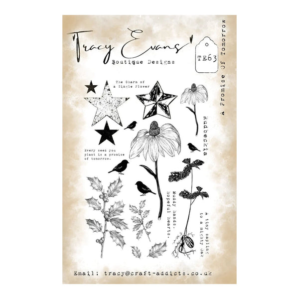 A clear stamp sheet featuring black floral, star, bird, and botanical designs with decorative text, shown on a beige textured background. The sheet includes the brand name Tracy Evans Boutique Designs and the product code TE63.