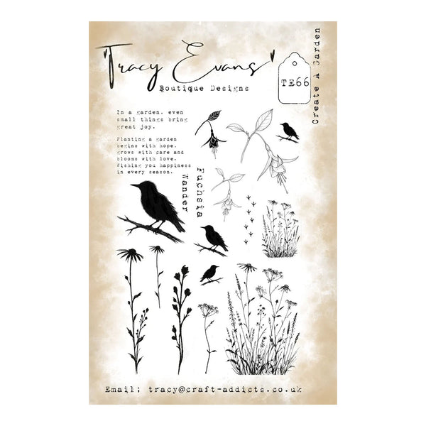 A clear stamp sheet featuring black botanical and bird illustrations on a beige background, with the brand name Tracy Evans Boutique Designs printed at the top.