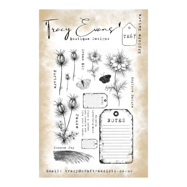 A sheet of clear stamp designs featuring botanical illustrations such as dandelions, flowers, a butterfly, and leaves, along with vintage-style labels, notes boxes, and decorative text. The sheet is branded Tracy Evans Boutique Designs and has a warm beige background.