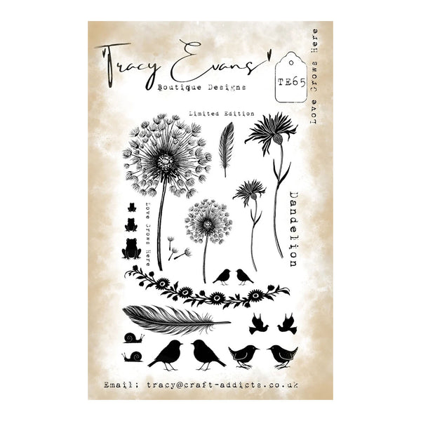 A clear stamp sheet featuring black botanical and bird designs, including dandelions, flowers, leaves, and small birds, with the brand name Tracy Evans Boutique Designs printed at the top on a textured beige background.