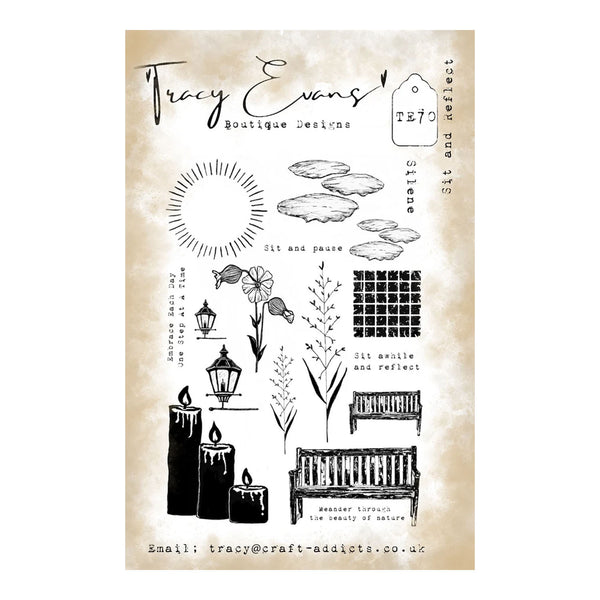 A sheet of clear stamp designs featuring black ink illustrations of candles, lily pads, flowers, lanterns, benches, and text elements on a beige textured background. The sheet includes branding for Tracy Evans Boutique Designs.