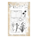 A clear stamp sheet featuring botanical flower illustrations, vintage postcard designs, and decorative text, shown on a beige textured background with the brand name Tracy Evans Boutique Designs visible at the top.