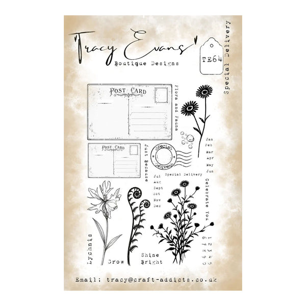 A clear stamp sheet featuring botanical flower illustrations, vintage postcard designs, and decorative text, shown on a beige textured background with the brand name Tracy Evans Boutique Designs visible at the top.