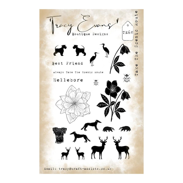 A clear stamp sheet featuring black ink illustrations of dogs, birds, flowers, and text including 'Tracy Evans Boutique Designs' and 'Best Friend', shown on a textured beige background.