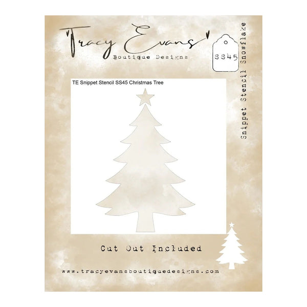 Tracy Evans Boutique Designs TE Snippet Stencil SS445 Christmas Tree, showing a white stencil template of a Christmas tree on a beige textured card with product details.