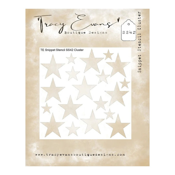 Tracy Evans Boutique Designs Snippet Stencil SS42 cluster stencil sheet featuring multiple star-shaped cutouts on a beige textured background.