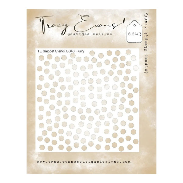 A stencil sheet from Tracy Evans Boutique Designs, model SS43 'Flurry', featuring a grid of circular snippet stencils in a soft beige and white 'flurry' pattern on a textured beige background card.
