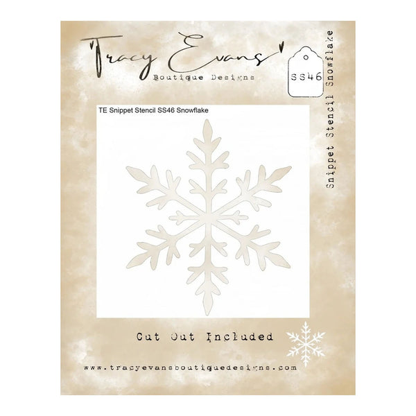 Tracy Evans Boutique Designs TE Snippet Stencil SS446 Snowflake, featuring a white snowflake stencil template on a beige textured card backing.
