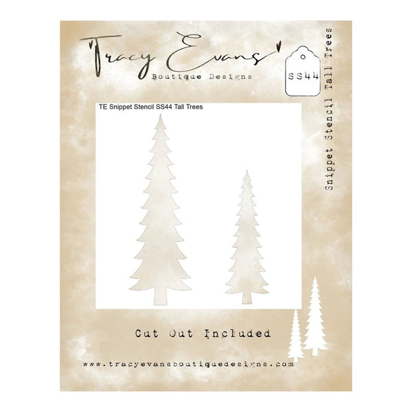 Tracy Evans Boutique Designs stamp stencil package for TE Snippet Stencil SS44 Tall Trees, featuring two large and two small tree stencil previews on a textured beige background.