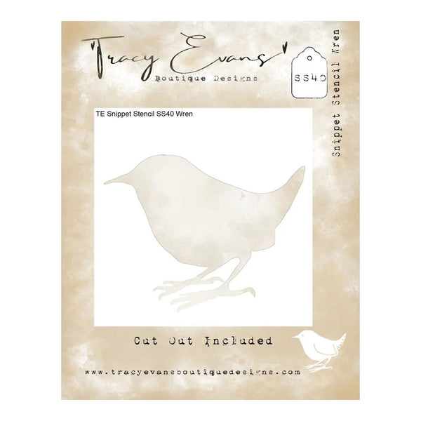 Tracy Evans Boutique Designs TE Snippet Stencil SS40 When bird cut out stencil package insert, featuring a bird silhouette design on a beige textured background.