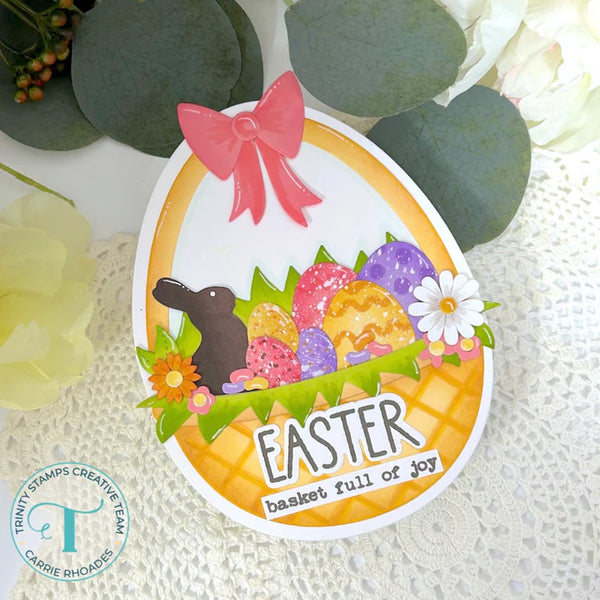 Easter-themed card with colorful eggs, flowers, and a rabbit on a white background.