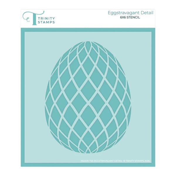 Egg-shaped stencil with lattice pattern on a light blue background, branded with Trinity Stamps.