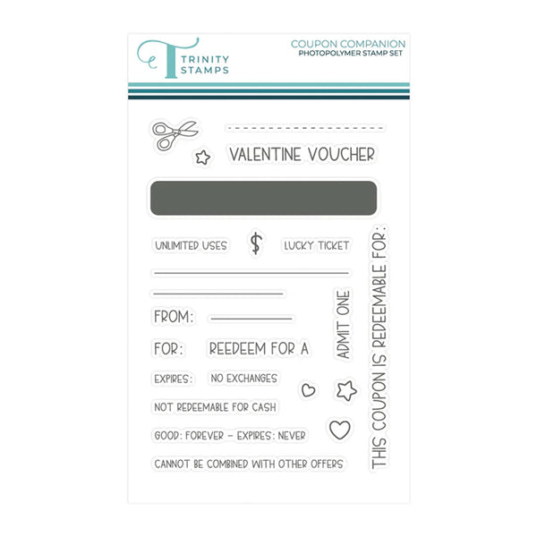 Valentine Voucher stamp set by Trinity Stamps on a white background