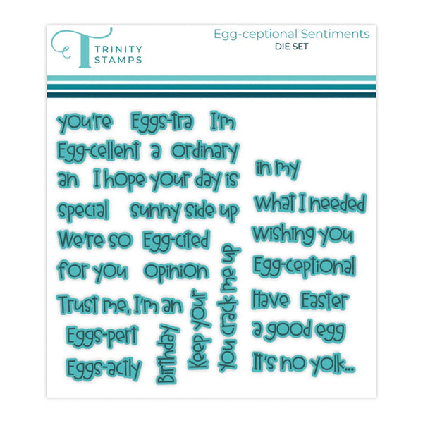Collection of Easter-themed text stamps with teal ink on a white background, featuring the brand 'Trinity Stamps'.