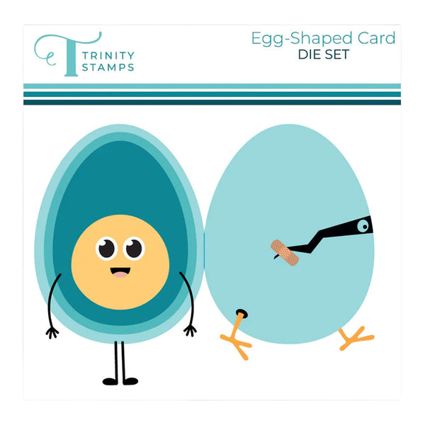 Egg-shaped card die set with cartoon characters on a white background, featuring the brand 'Trinity Stamps'.