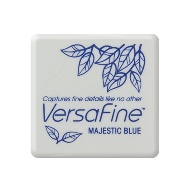 VersaFine Majestic Blue eyeshadow compact in a square white case with blue printed branding and leaf graphics, shown on a plain white background.