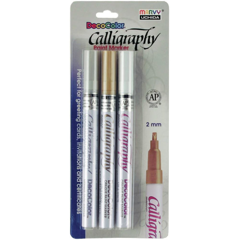 Uchida DecoColor Calligraphy Opaque Paint Marker Set 3/Pkg 2mm - Gold, Silver & White
