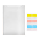 A clear plastic document envelope with a white interior, shown next to a small card containing six colorful sticky labels in yellow, pink, blue, and white.
