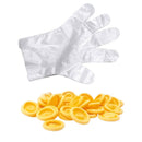 A single crinkled white glove shown above a pile of small yellow ring-shaped pieces on a plain white background.