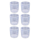 Six clear plastic measuring cups with white measurement markings, arranged in a 3-by-2 grid on a plain white background.