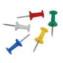 Five plastic push pins in red, white, green, yellow, and blue, arranged on a plain white background.