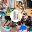 A collage showing children painting with multiple paintbrushes, paint palettes, and paint tubes. A central circular inset displays a set of paintbrushes and painting tools, including wooden sticks, a palette knife, and a small brush with a red handle.