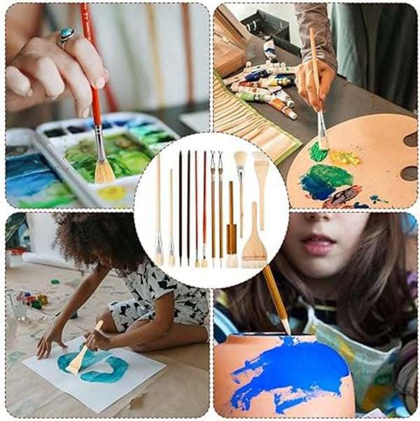 A collage showing children painting with multiple paintbrushes, paint palettes, and paint tubes. A central circular inset displays a set of paintbrushes and painting tools, including wooden sticks, a palette knife, and a small brush with a red handle.